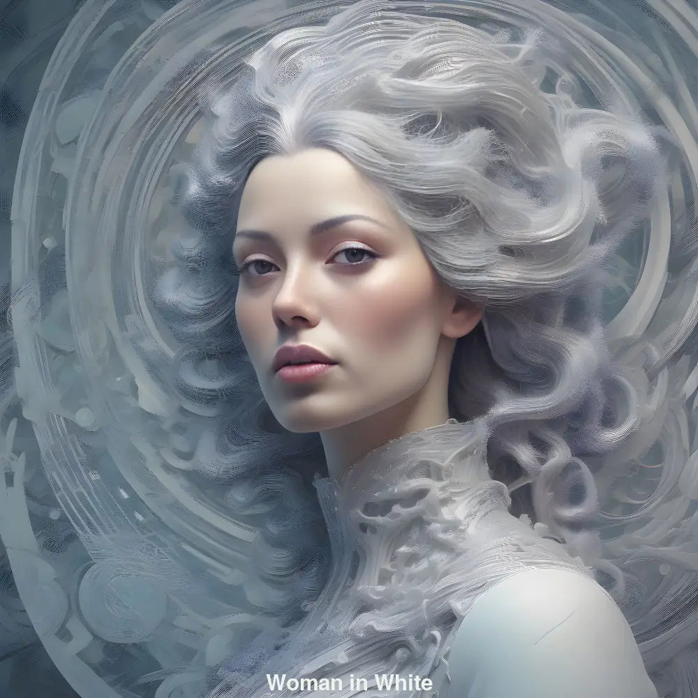 Porträt einer Frau in Weiß mit fließendem Haar und mystischem Blick, vor kosmischem Hintergrund – symbolisch für Reinheit und stille Stärke