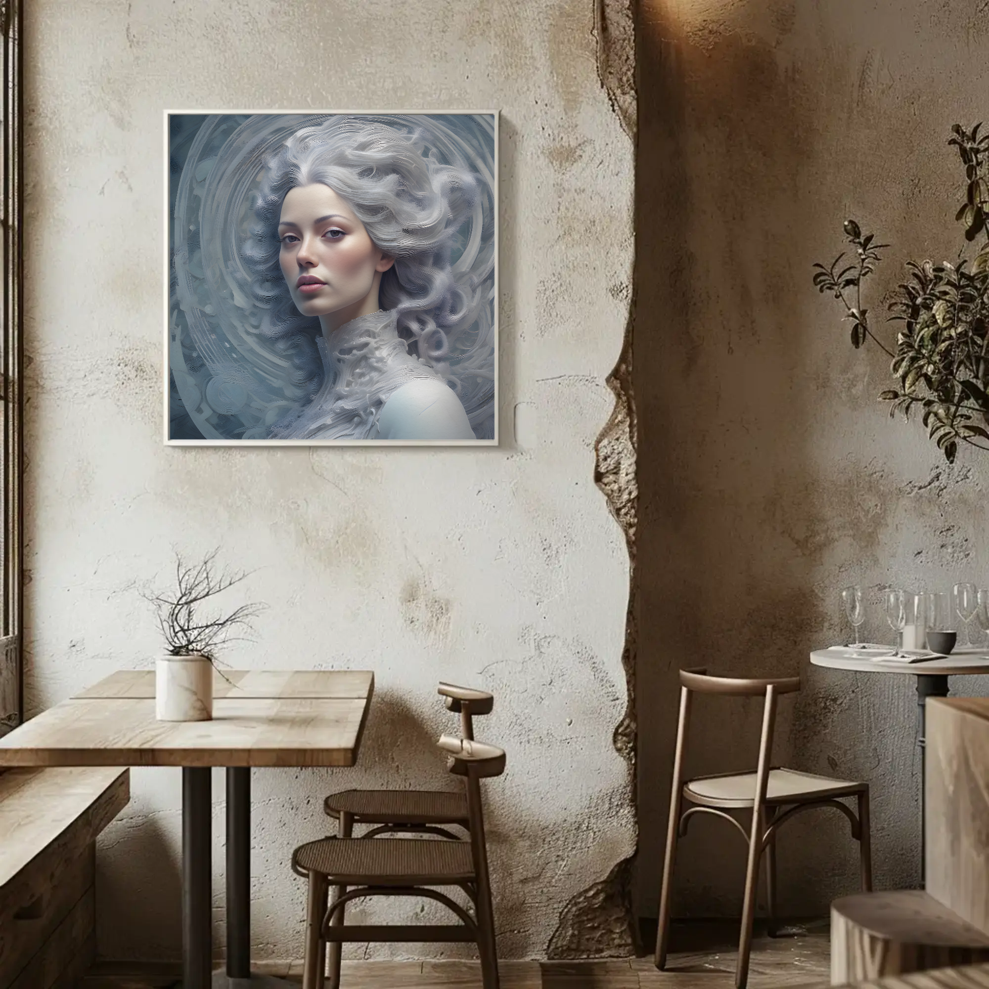 Woman in White Fine Art Print mit weißem Frauenportrait in sanften Grautönen über moderner Wohnzimmereinrichtung.