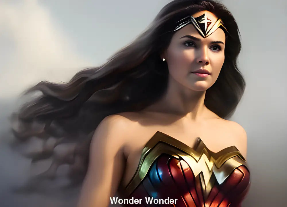 Porträt von Wonder Woman in kraftvoller Pose mit Lasso und Armbändern – KI-generiert, detailliert und voller Stärke und Entschlossenheit