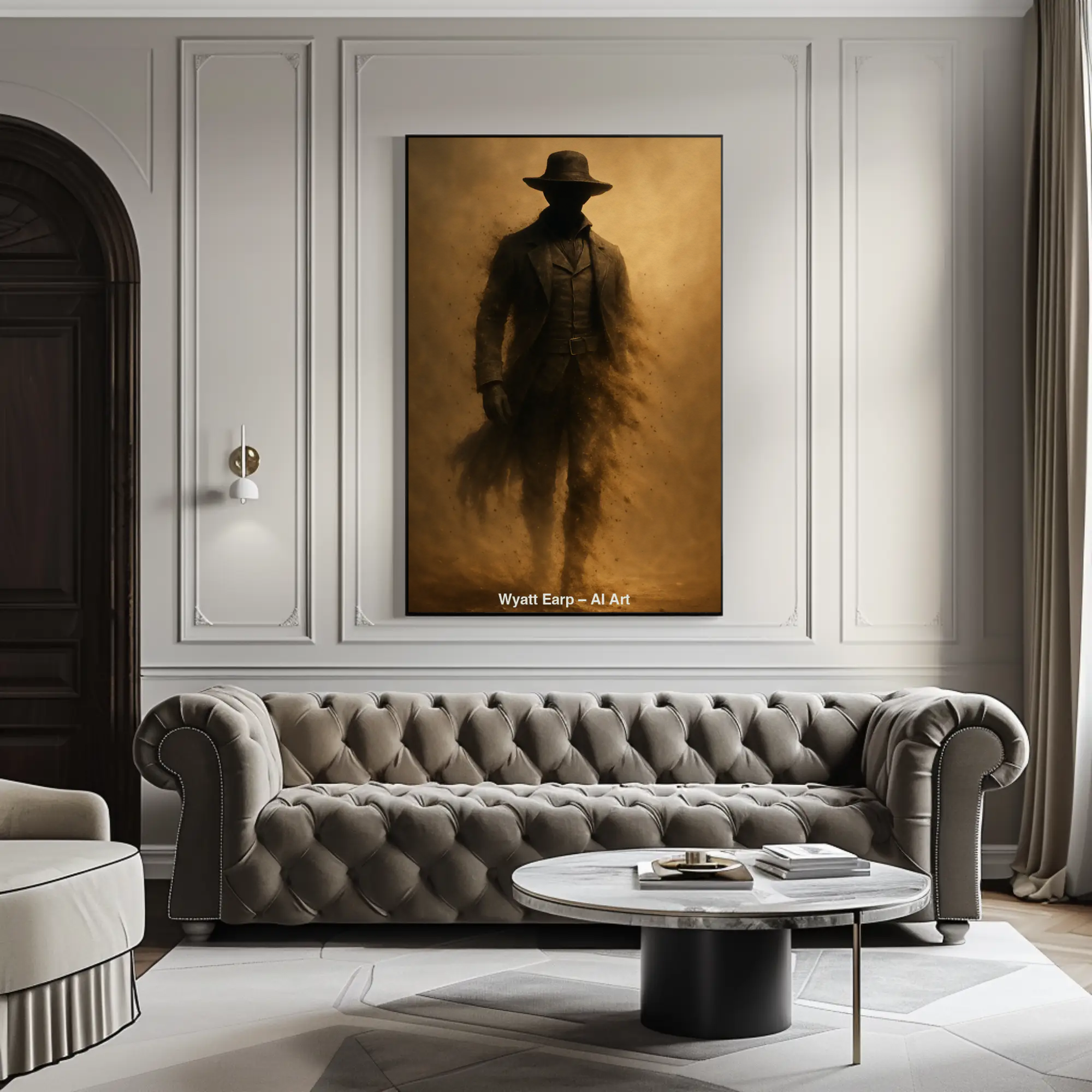 Wyatt Earp Fine Art Print mit dunkler Cowboy-Silhouette in warmen Brauntönen über moderner Wohnzimmereinrichtung.