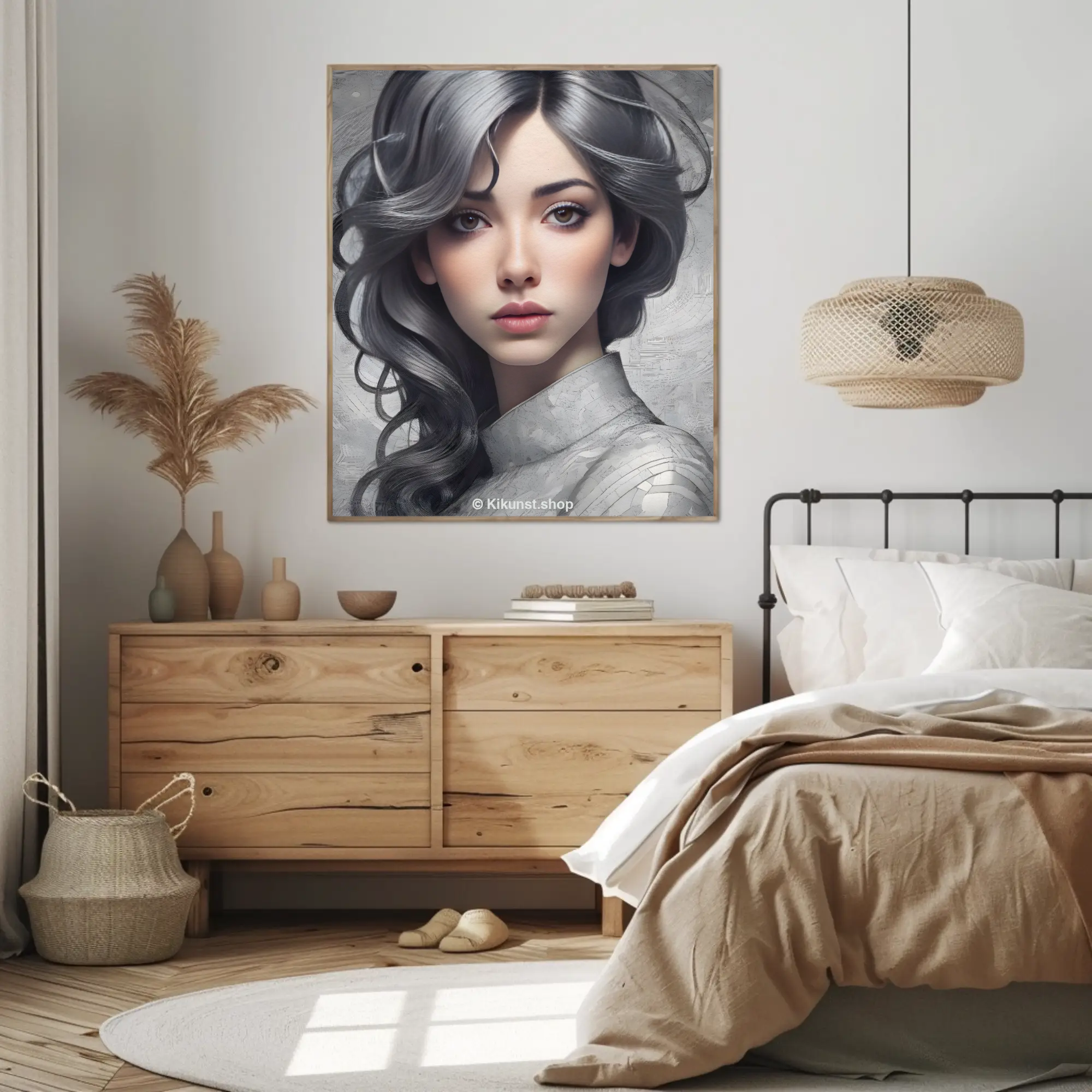 Helles Porträt als Fine Art Print in einem minimalistischen Schlafzimmer