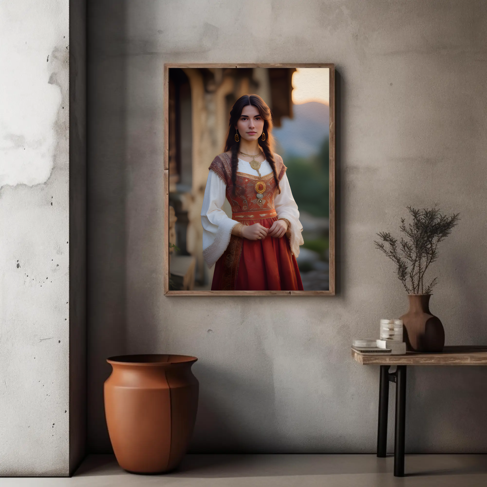 Fine Art Print mit klassischem Frauenporträt und warmen Farbtönen in einer stilvollen Wohnraumgestaltung.