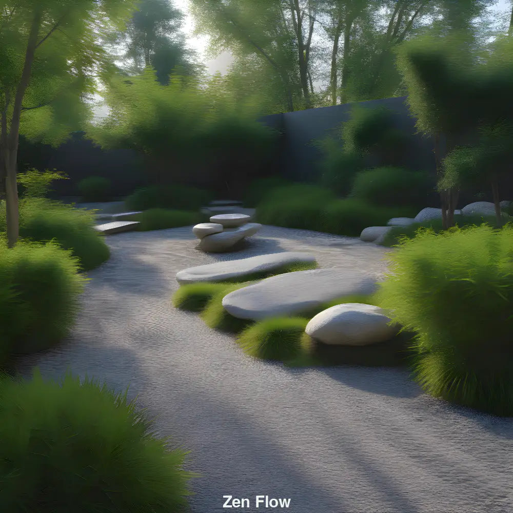 Minimalistischer Zen-Garten mit Kies, Steinen und Grün – ruhiges, KI-generiertes Naturbild mit Fokus auf Balance, Achtsamkeit und Stille