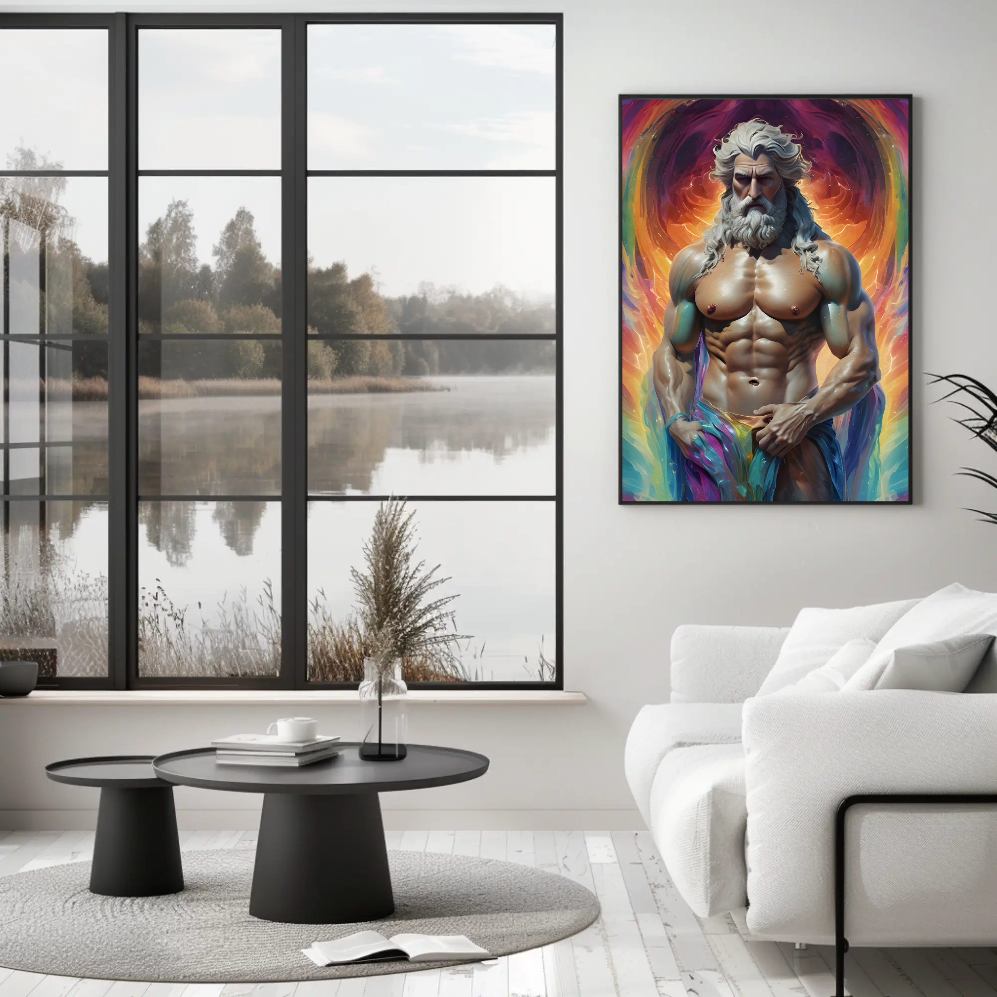 Zepharion Fine Art Print mit leuchtender Fantasy-Figur in kräftigen Farben über moderner Wohnzimmereinrichtung.