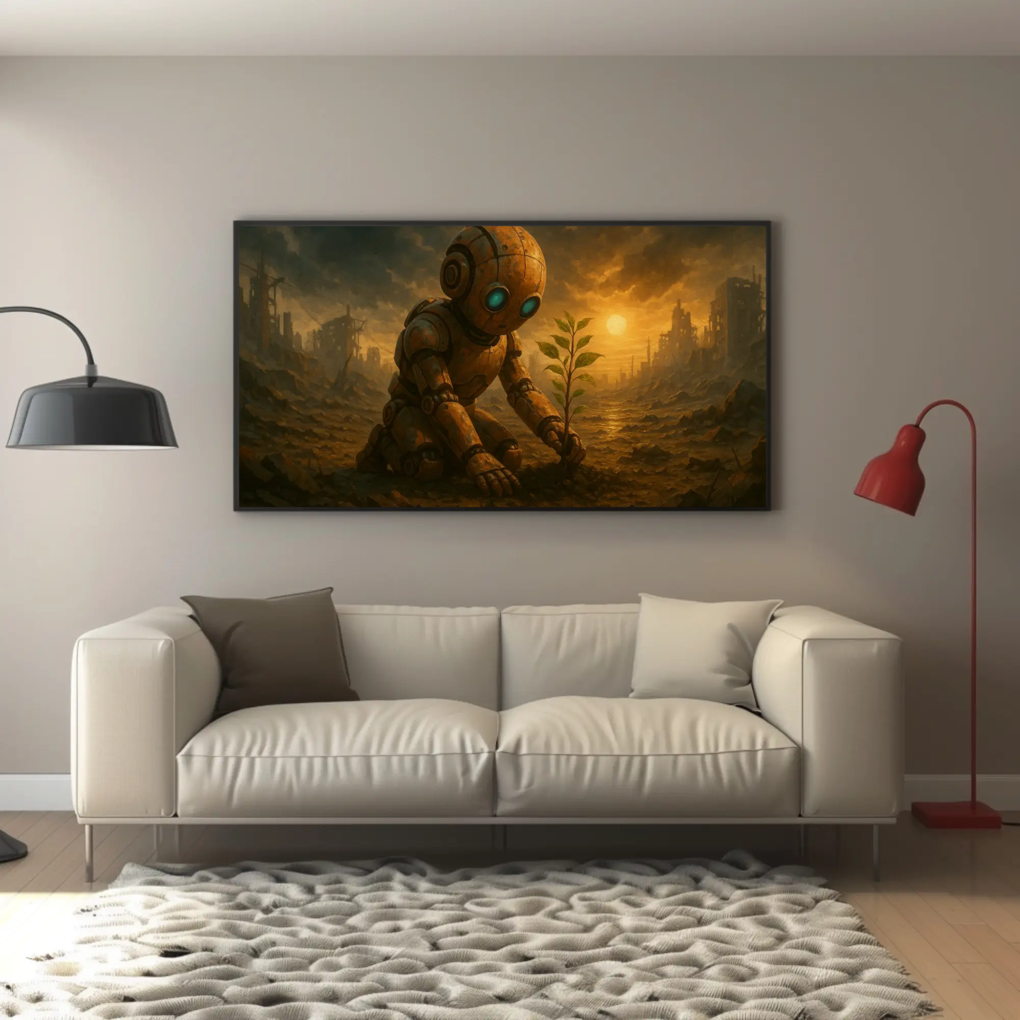 Postapokalyptisches Motiv mit warmem Licht und Figur in staubiger Umgebung