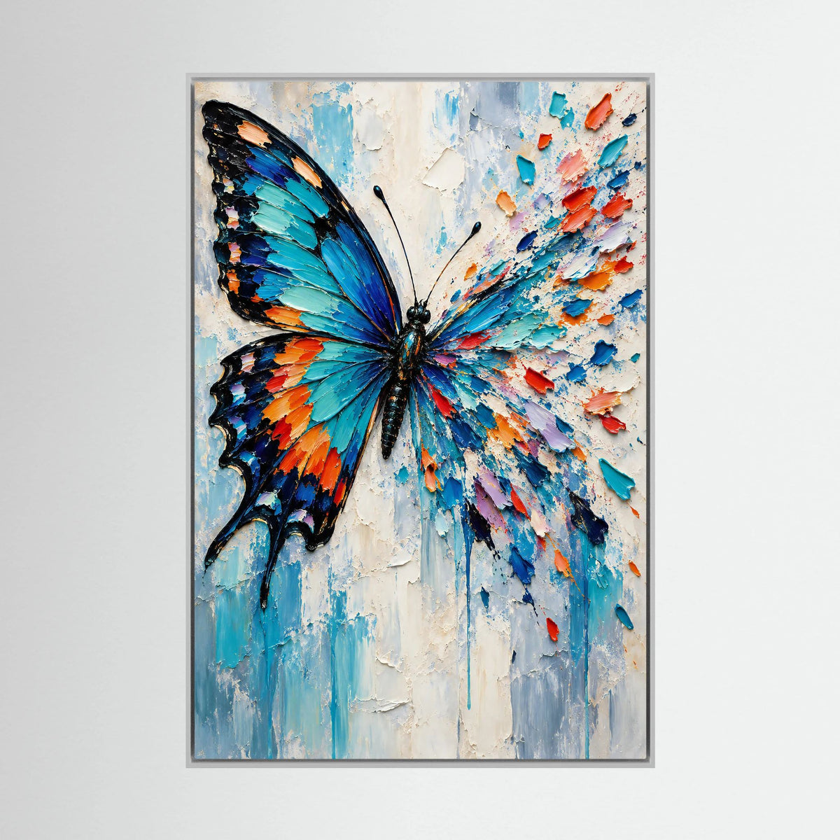 Abstraktes Schmetterling Leinwandbild mit blau-türkisen Flügeln und Farbsplittern im weißen Rahmen.