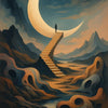 Mann auf schwindelerregender Treppe ins Nichts blickt zum leuchtenden Halbmond vor traumhaft fließender, surrealer Landschaft.