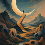 Mann auf schwindelerregender Treppe ins Nichts blickt zum leuchtenden Halbmond vor traumhaft fließender, surrealer Landschaft.