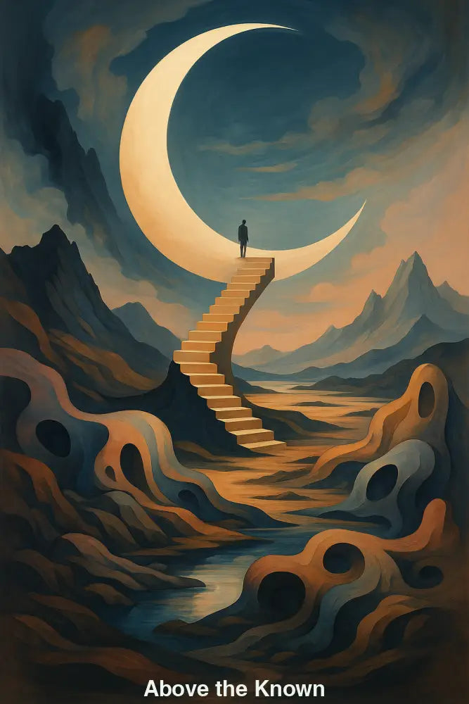 Mann auf schwindelerregender Treppe ins Nichts blickt zum leuchtenden Halbmond vor traumhaft fließender, surrealer Landschaft.