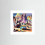 Abstract Car Fine Art Print ohne Rahmen mit weißem Passepartout und futuristischem Fahrzeug in surrealer Landschaft