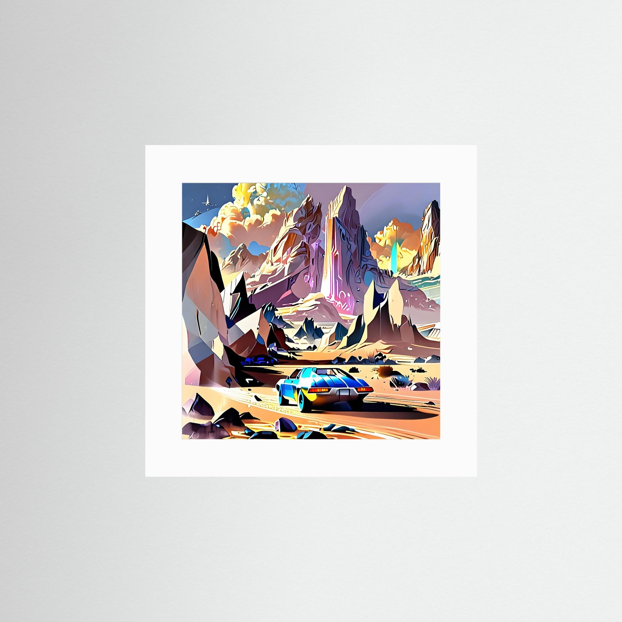 Abstract Car Fine Art Print ohne Rahmen mit weißem Passepartout und futuristischem Fahrzeug in surrealer Landschaft