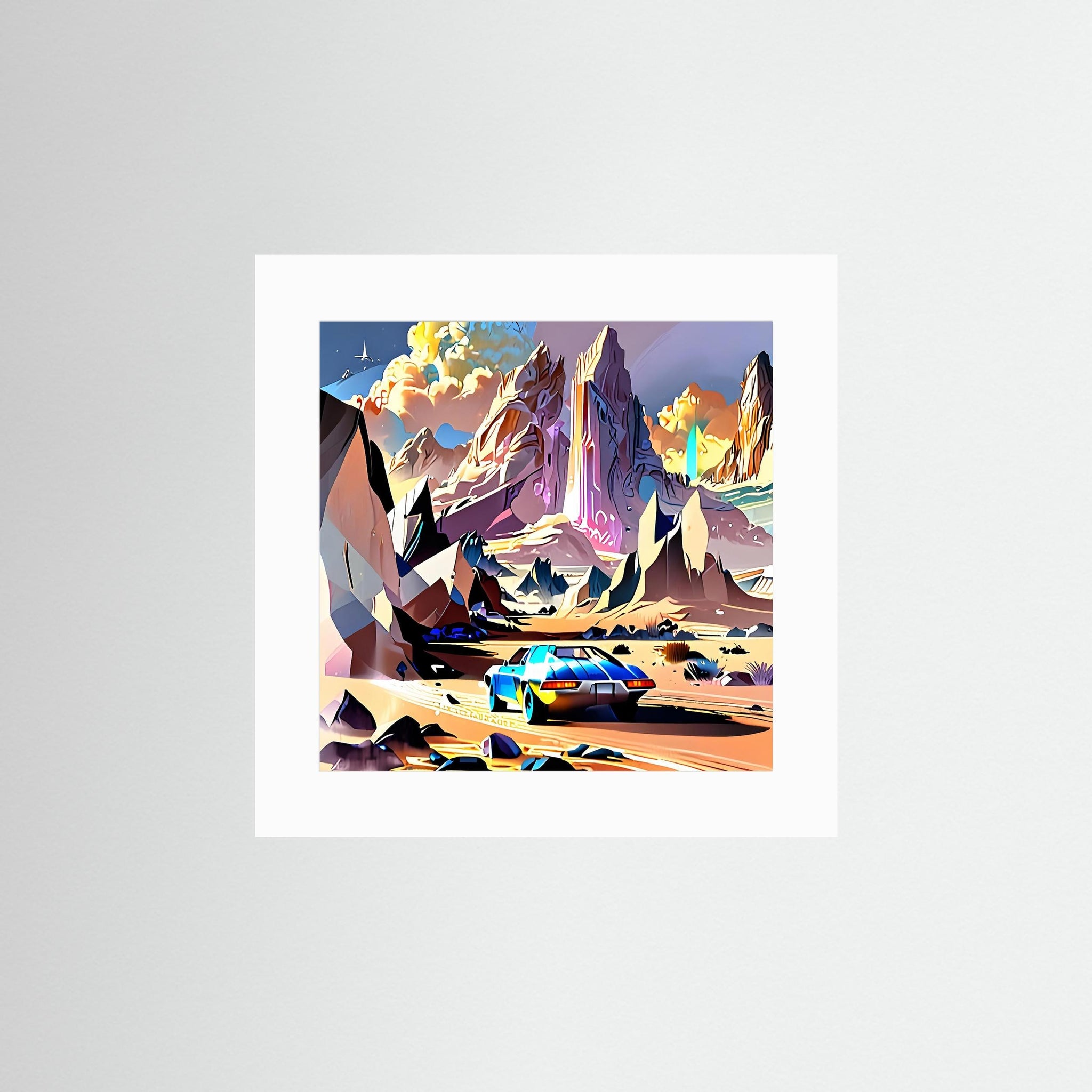 Abstract Car Fine Art Print ohne Rahmen mit weißem Passepartout und futuristischem Fahrzeug in surrealer Landschaft