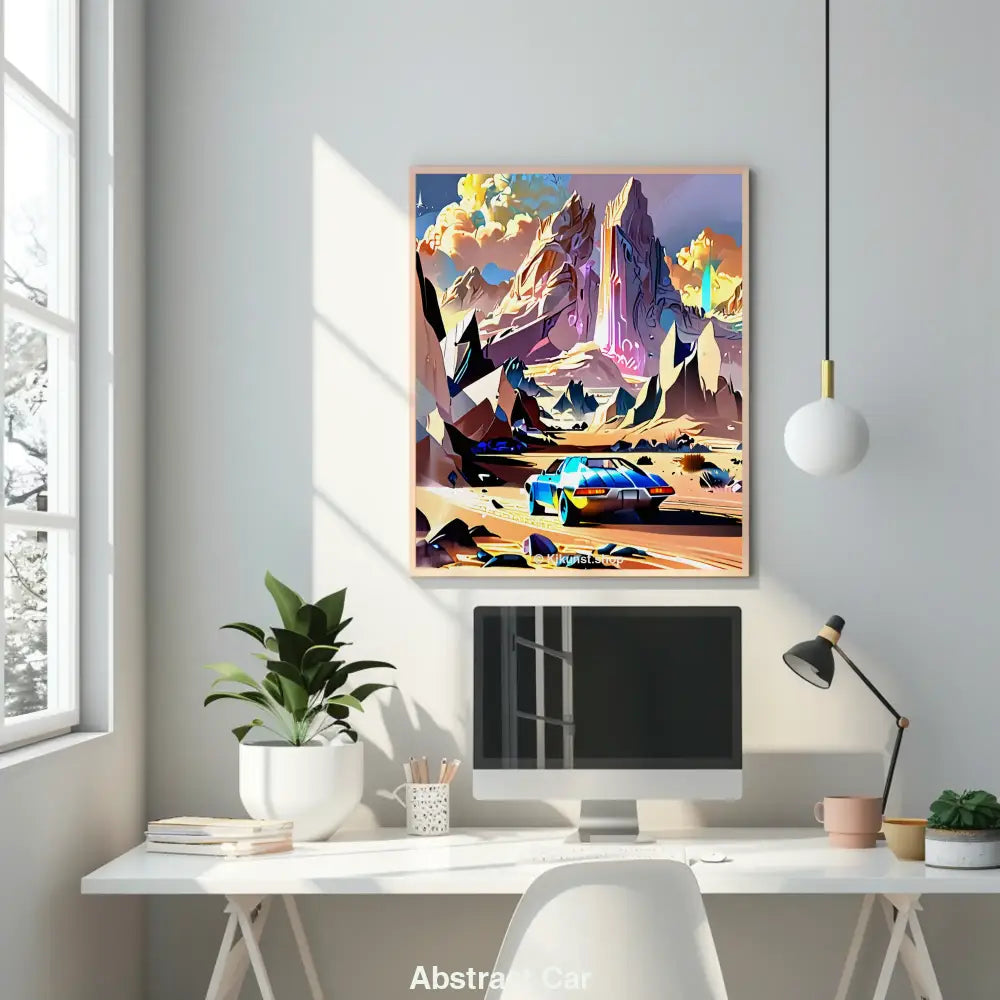 Futuristisches Auto fährt durch leuchtende Sci-Fi-Wüstenlandschaft mit bunten Felsen und neonartigen Himmelseffekten