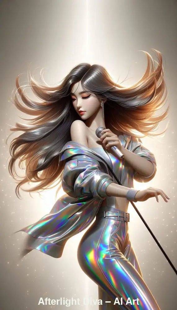 Afterlight Diva – AI Art, K-Pop-Sängerin mit Mikrofon, holografisches Outfit, sanftes Bühnenlicht.