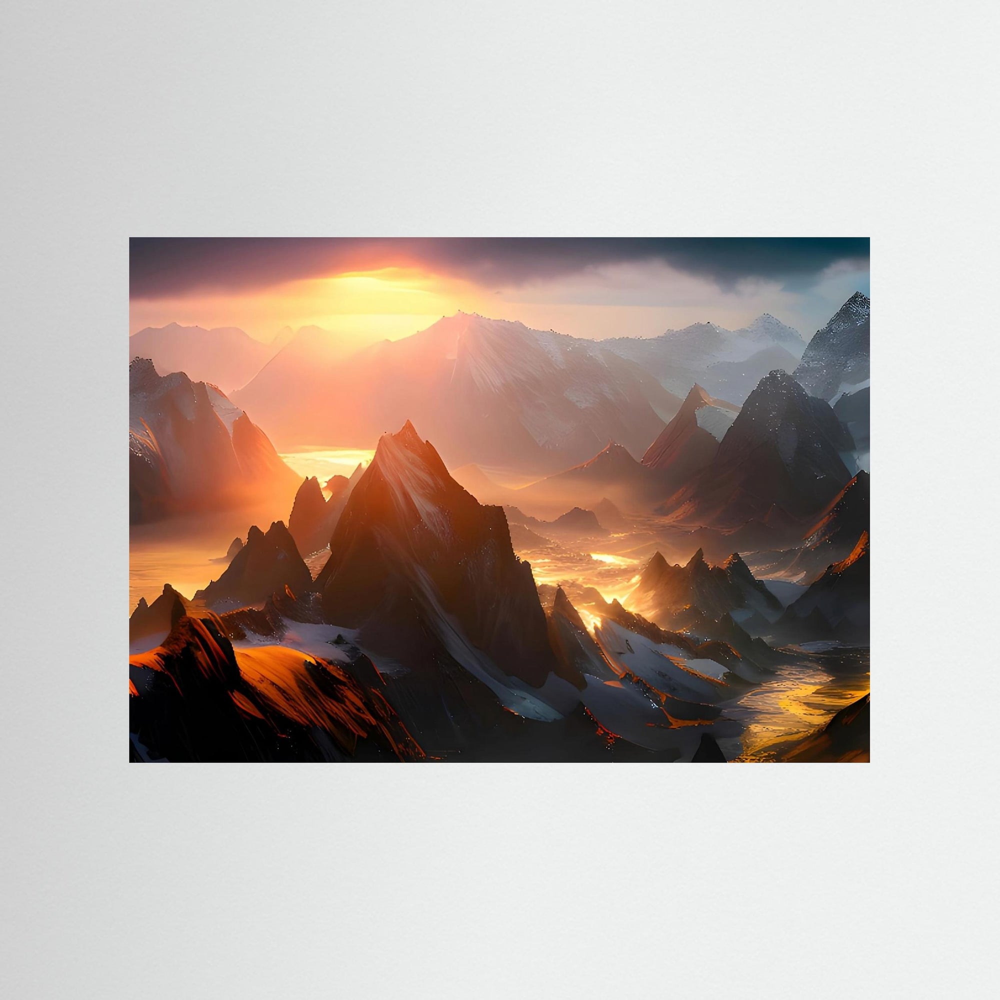 Alpine View Fine Art Print ohne Rahmen mit majestätischer Berglandschaft bei Sonnenuntergang in warmen Orange- und Blautönen