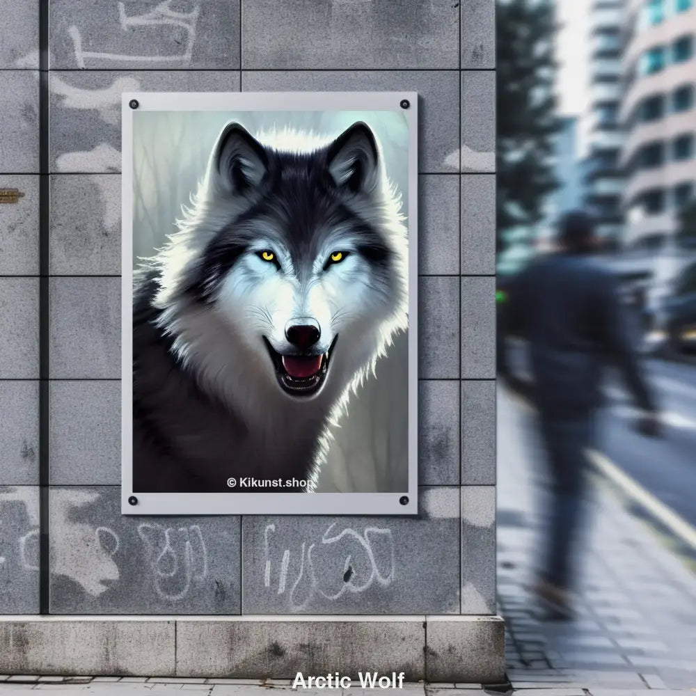 Porträt eines arktischen Wolfs mit leuchtend gelben Augen vor nebligem Waldhintergrund