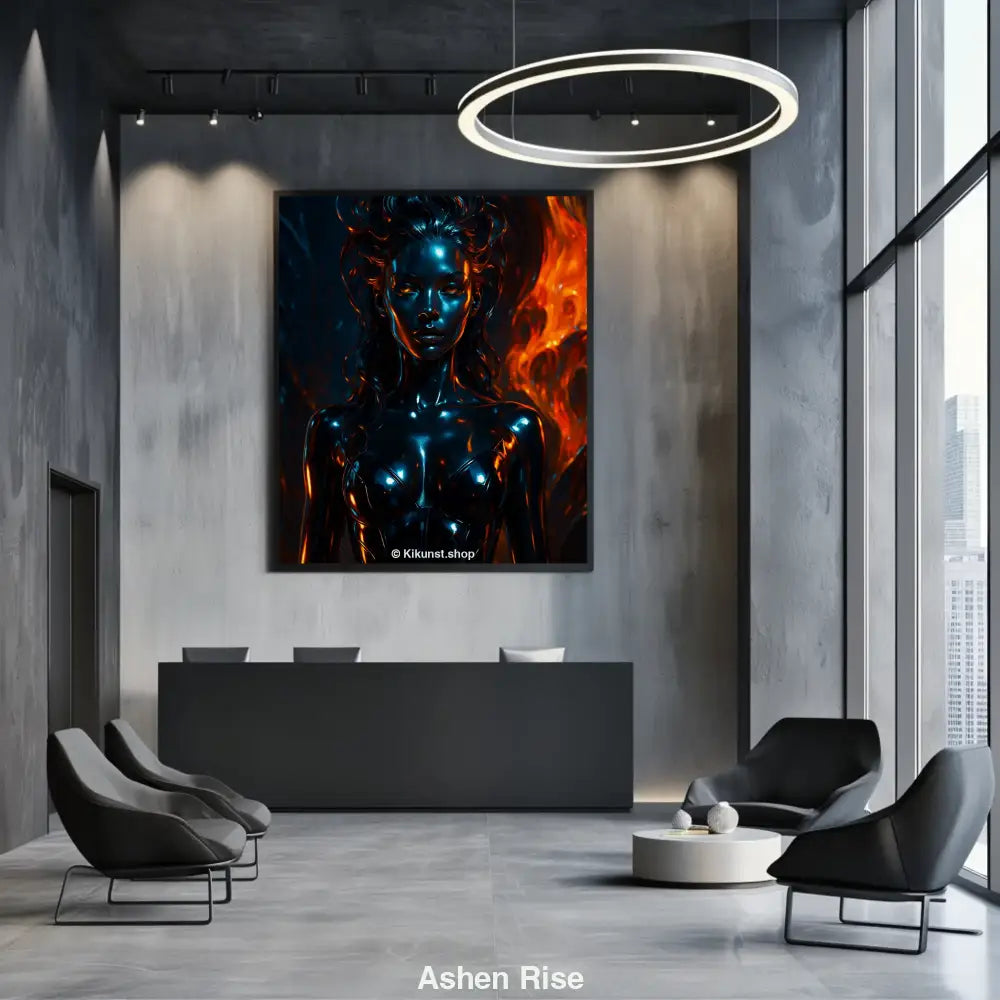 Mockup des Kunstdrucks „Ashen Rise“ mit glänzender Frauengestalt vor Flammenkulisse