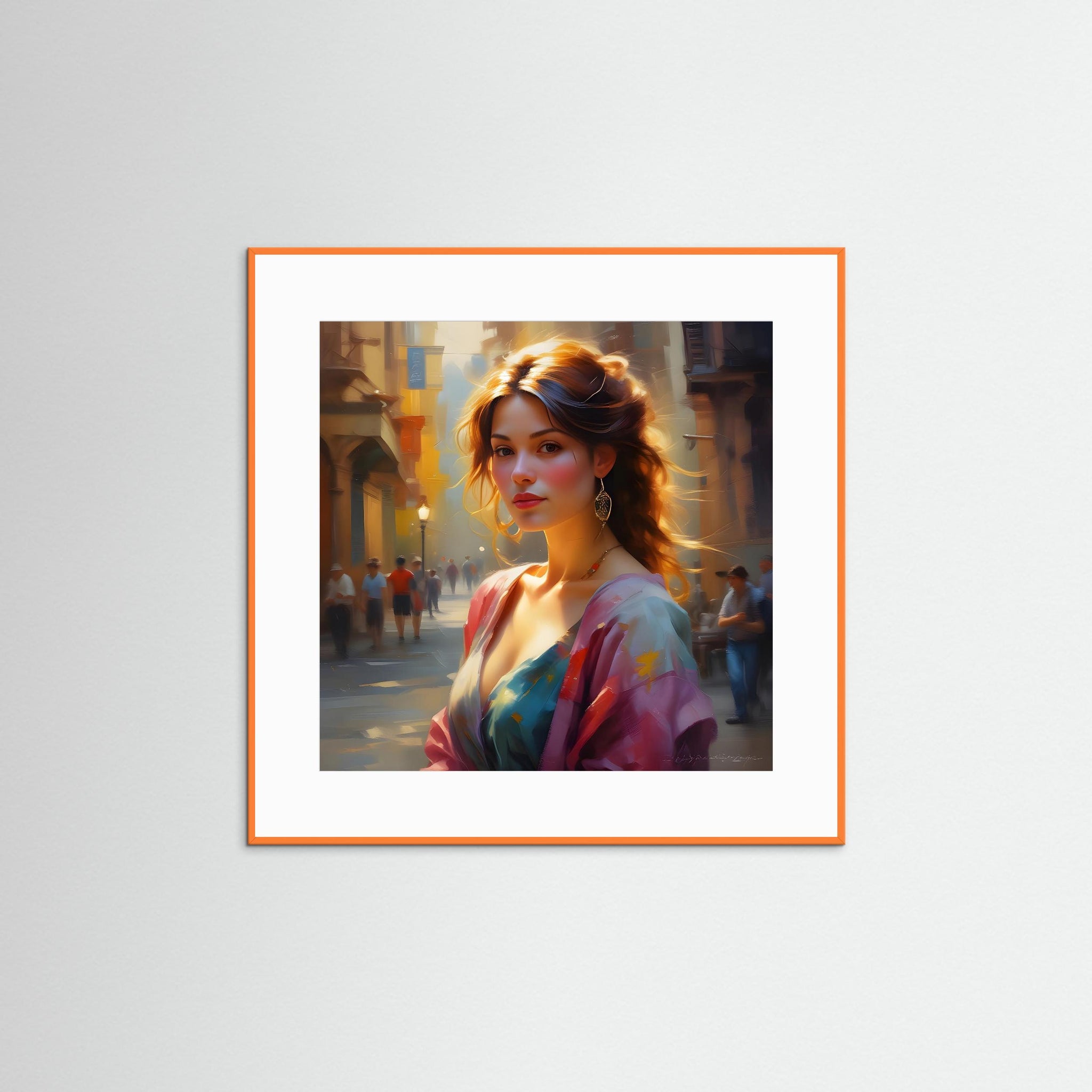 Aurora in the City Fine Art Print mit orangem Echtholzrahmen und weißem Passepartout