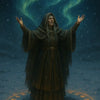 Magische Frau mit Runen und Polarlichtern bei Schnee – digitale Fantasy-Kunst