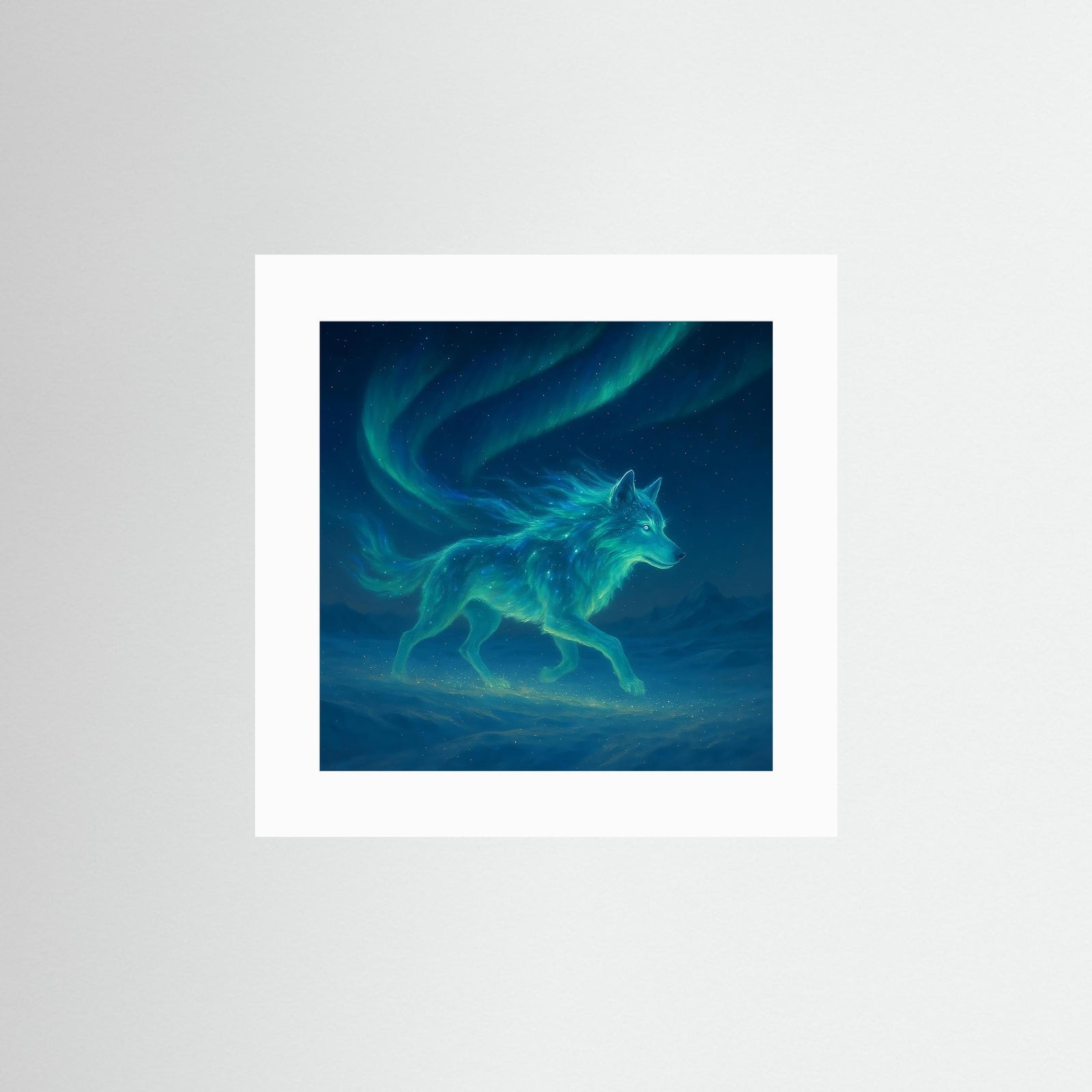 Aurora Spirit Wolf Fine Art Print mit weißem Passepartout in rahmenloser Ausführung