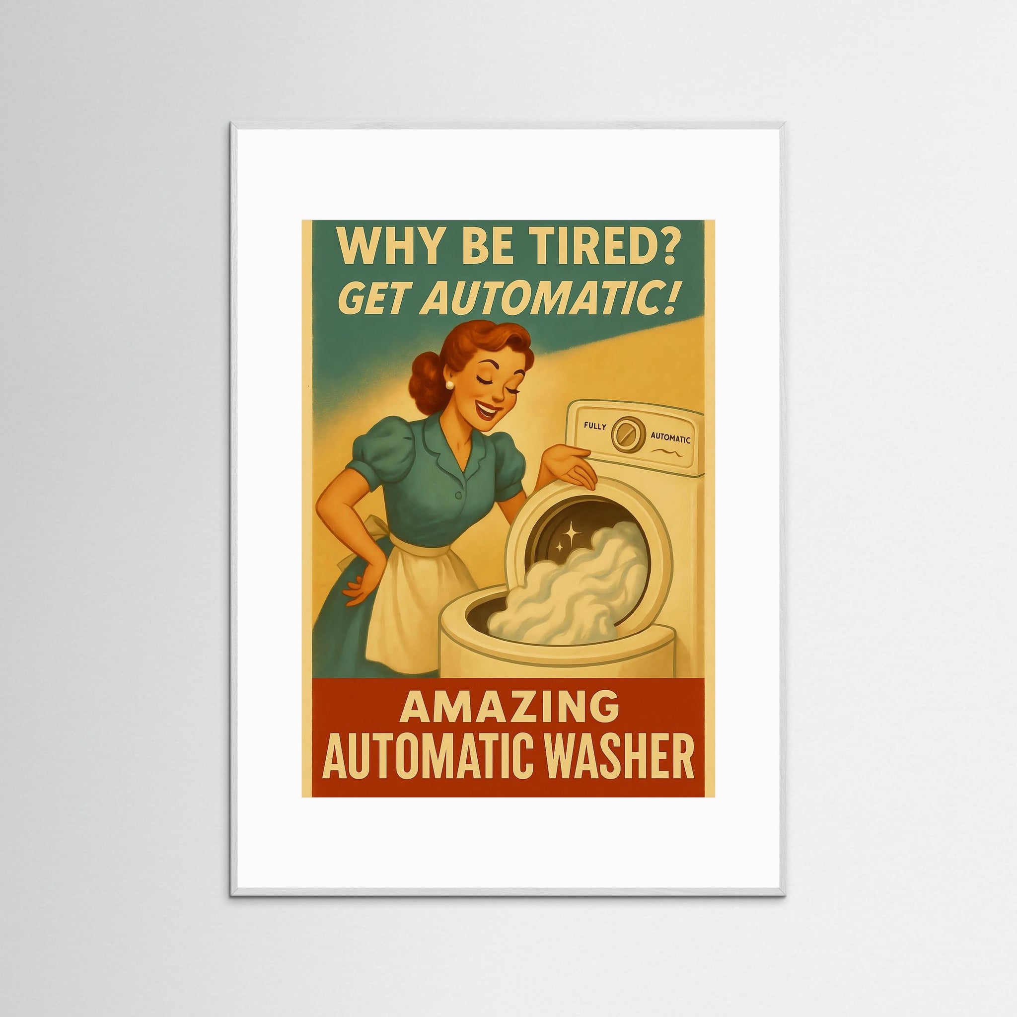 Automatic Washer Fine Art Print mit weißem Echtholzrahmen und weißem Passepartout