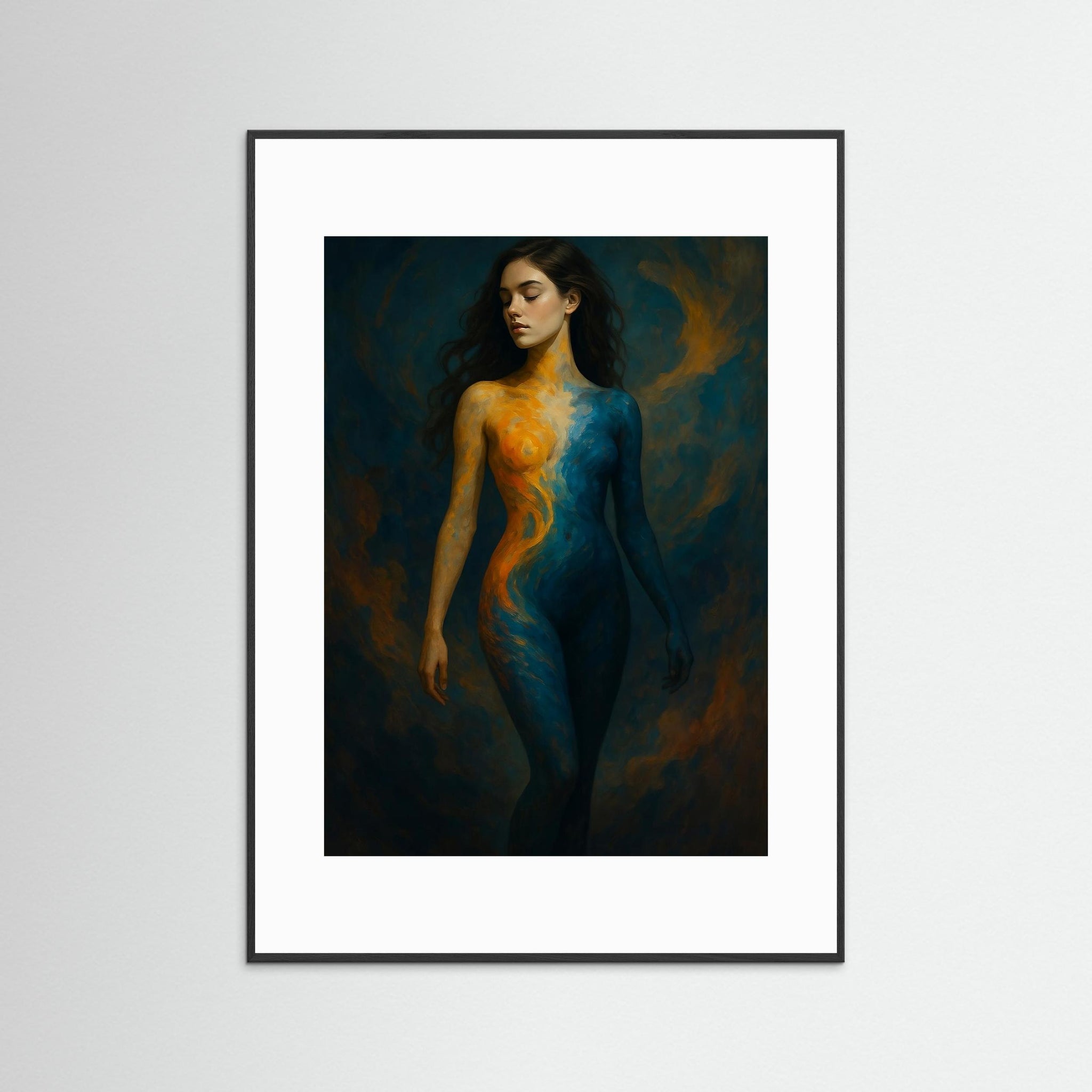 Balance of Fire and Flow Fine Art Print mit schwarzem Echtholzrahmen und weißem Passepartout