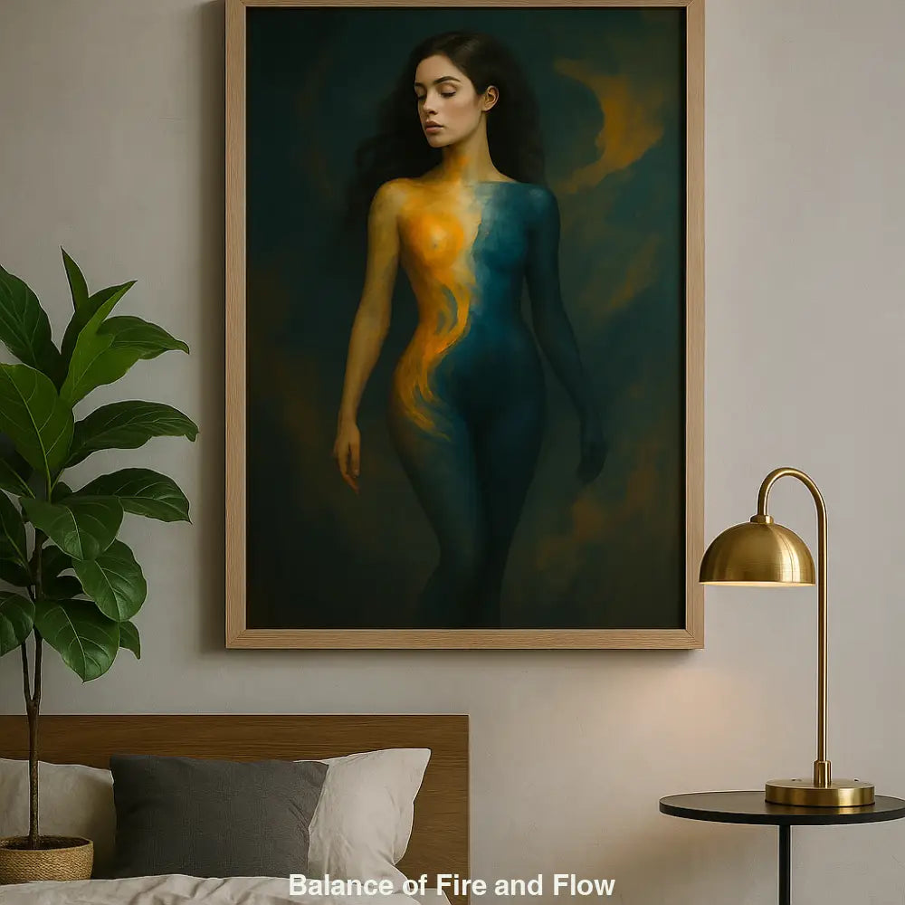 Digitales Kunstwerk einer Frau mit fließenden Farben in Blau und Orange in abstrakter Darstellung