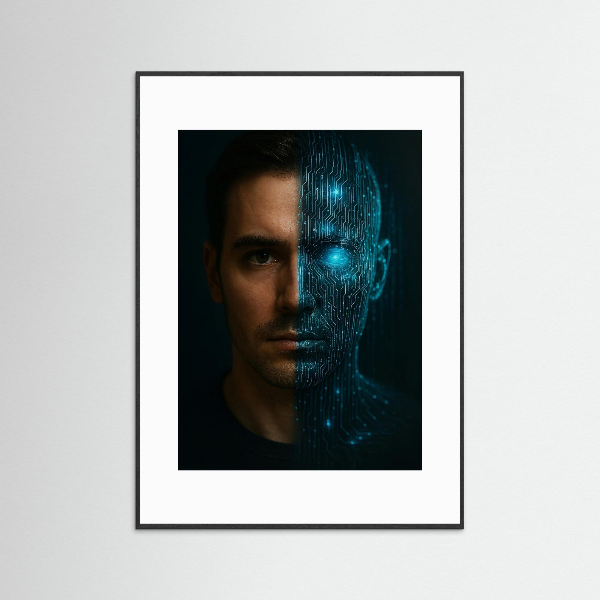 Binary Identity Fine Art Print mit schwarzem Echtholzrahmen und weißem Passepartout