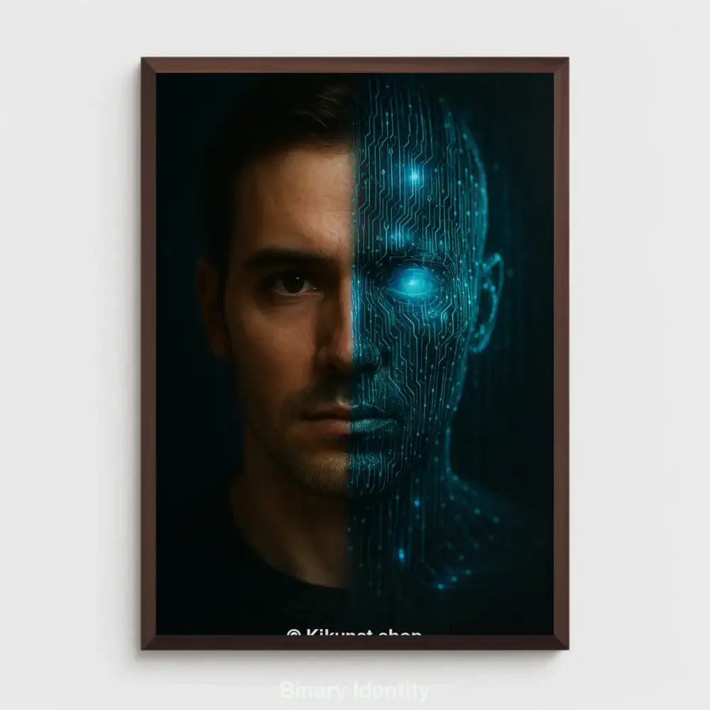 Halb Mensch, halb Cyborg: Gesicht geteilt in realistische Hälfte und digitale, leuchtende Schaltkreisstruktur