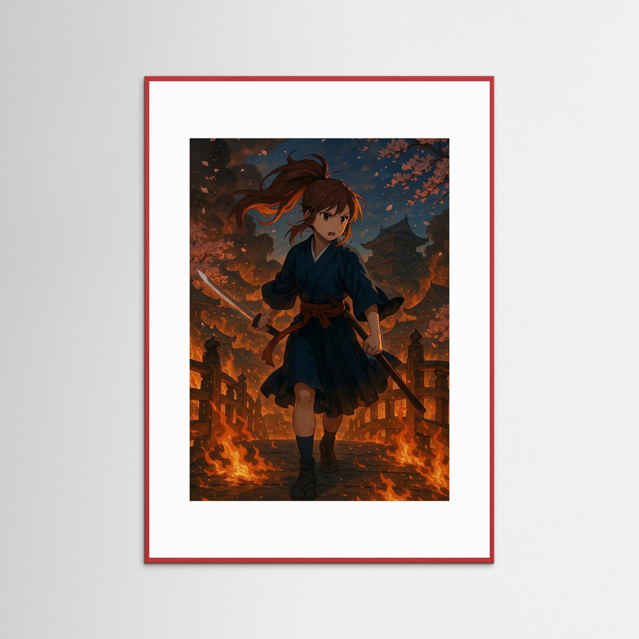 Blade of the Burning Sakura Fine Art Print mit rotem Echtholzrahmen und weißem Passepartout