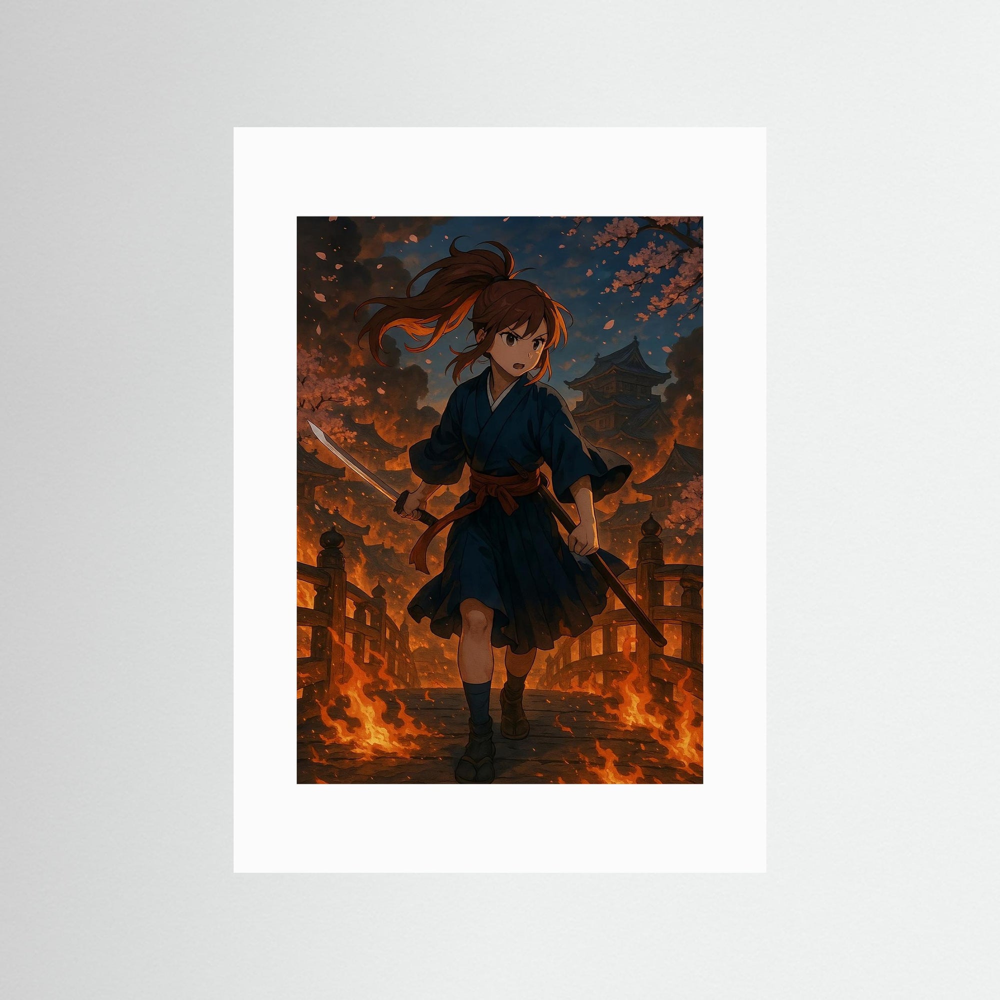 Blade of the Burning Sakura Fine Art Print mit weißem Passepartout in rahmenloser Ausführung