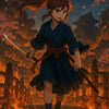Samurai-Kriegerin im dunklen Kimono mit gezogener Klinge auf einer brennenden Brücke, umgeben von Feuer, Rauch und tanzenden Sakura-Blüten.