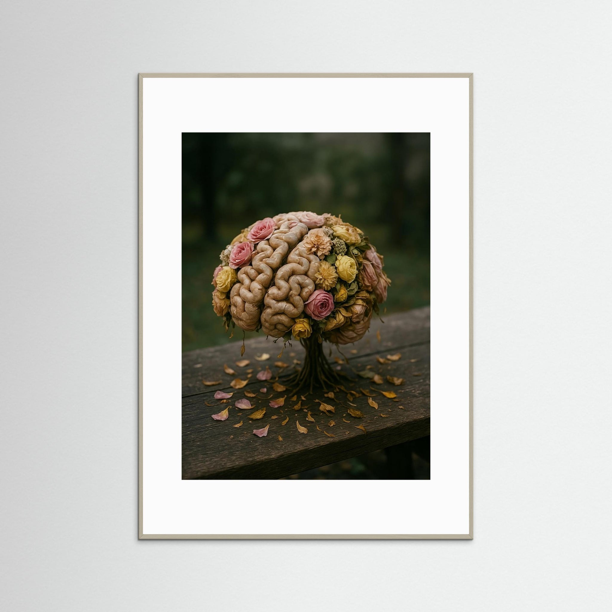 Bloom of Thought Fine Art Print mit grauem Echtholzrahmen und weißem Passepartout