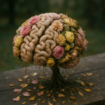 Skulptur eines Baums in Gehirnform, umwachsen von verwelkten Rosen auf altem Holztisch – symbolisch für Vergänglichkeit.