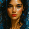 Blue Splash Muse – AI Art, digitales Porträt mit blauen Farbspritzern und realistischer, warmer Ausstrahlung.