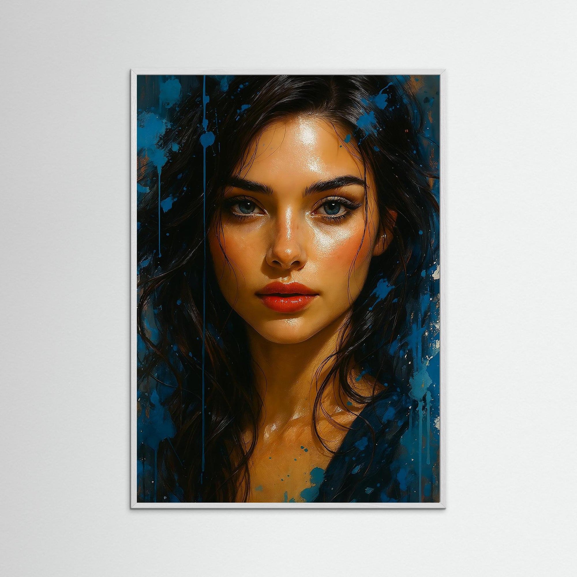 Blue Splash Muse Fine Art Print mit weißem Echtholzrahmen