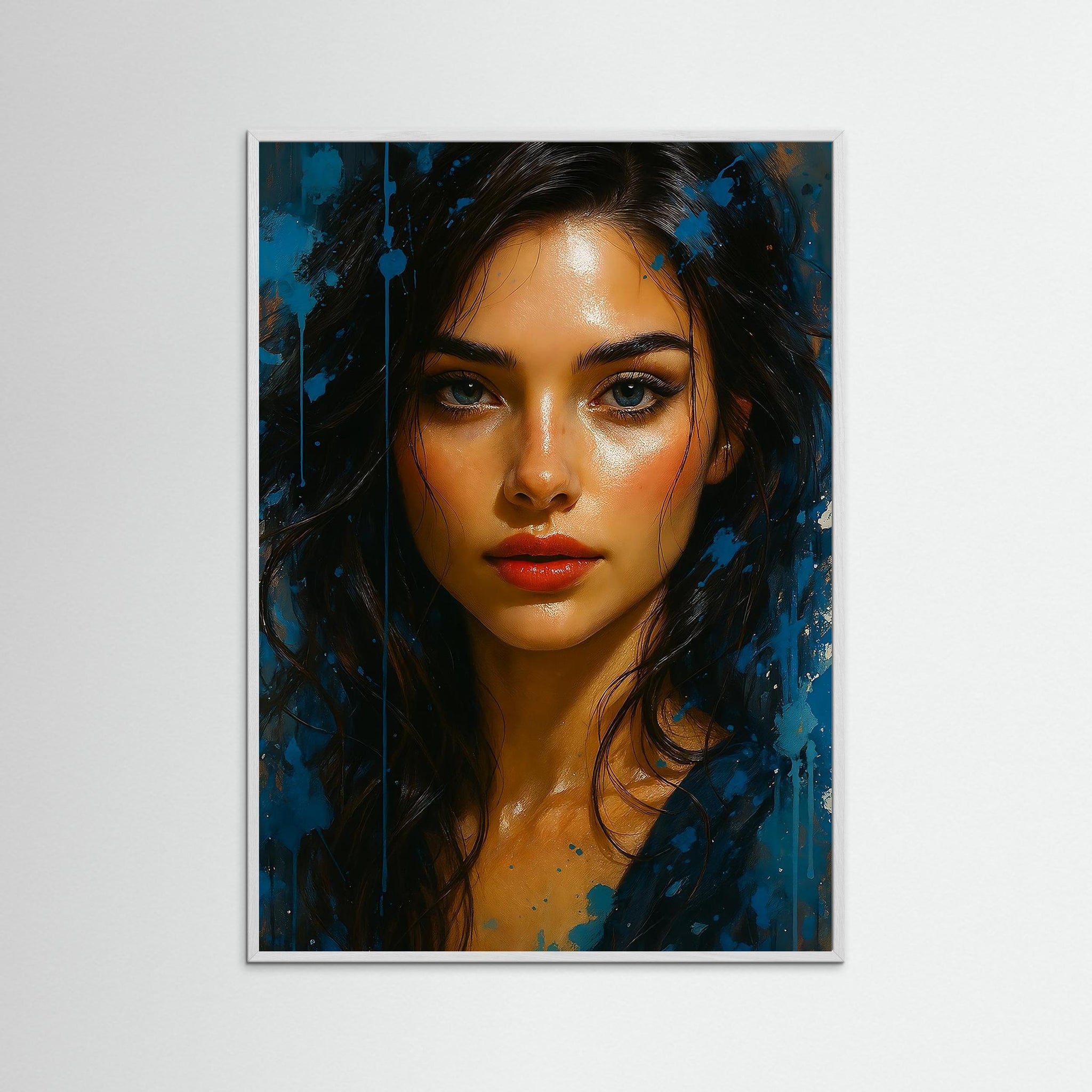Blue Splash Muse Fine Art Print mit weißem Echtholzrahmen