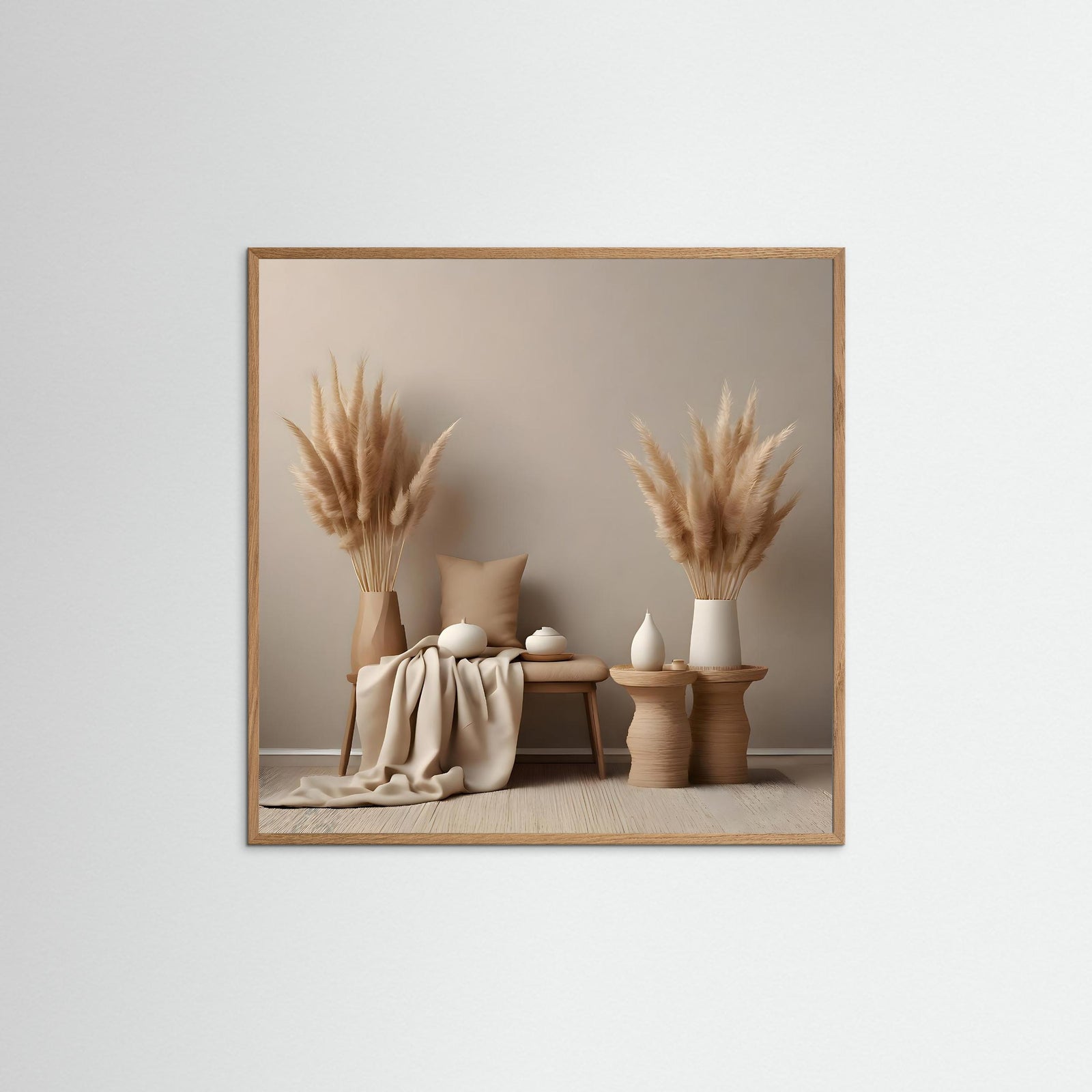 Boho Living Fine Art Print mit Echtholzrahmen in Natur