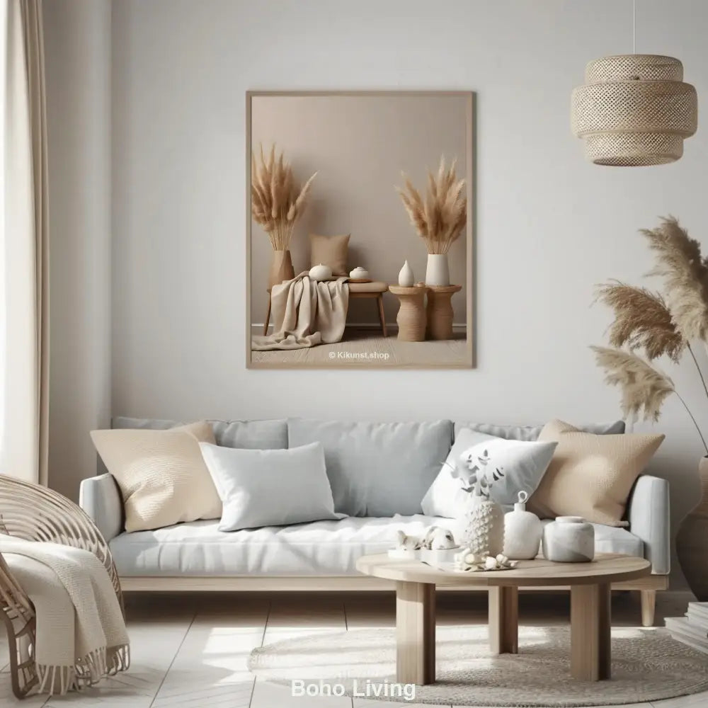 Minimalistisch dekorierte Boho-Ecke mit Trockenblumen, Keramikvasen und Leinentextilien in Beige- und Naturtöne