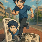Anime-Junge stürmt mit Dynamik aus den Seiten eines Comicbuchs in eine realistische Straßenszene – symbolisiert kreative Kraft.