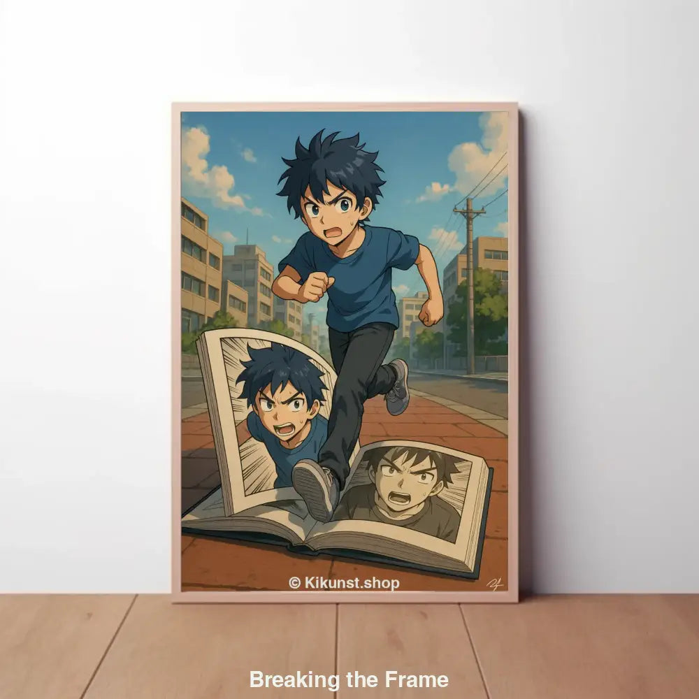 Dynamische Anime-Szene, in der ein Junge scheinbar aus einem offenen Comicbuch herausrennt, mit dramatischer Perspektive und Stadt-Hintergrund.