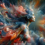 Breath of Creation – AI Art, schwebende Frau aus Licht und Farbe in einem kosmischen Strudel.