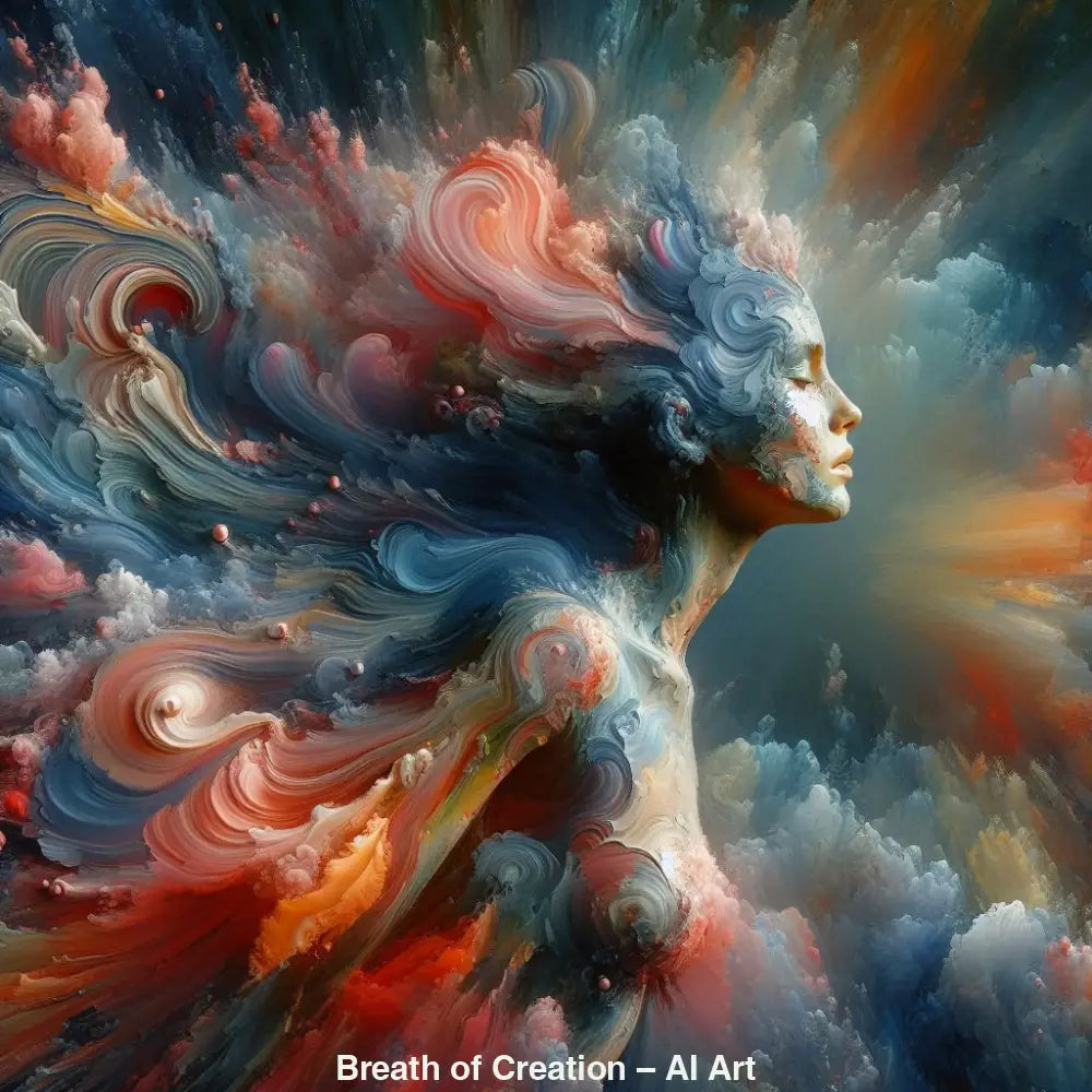 Breath of Creation – AI Art, schwebende Frau aus Licht und Farbe in einem kosmischen Strudel.