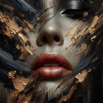 Broken Glamour – AI Art Porträt mit goldenen und schwarzen Farbschichten, abstrakter Textur und roten Lippen.
