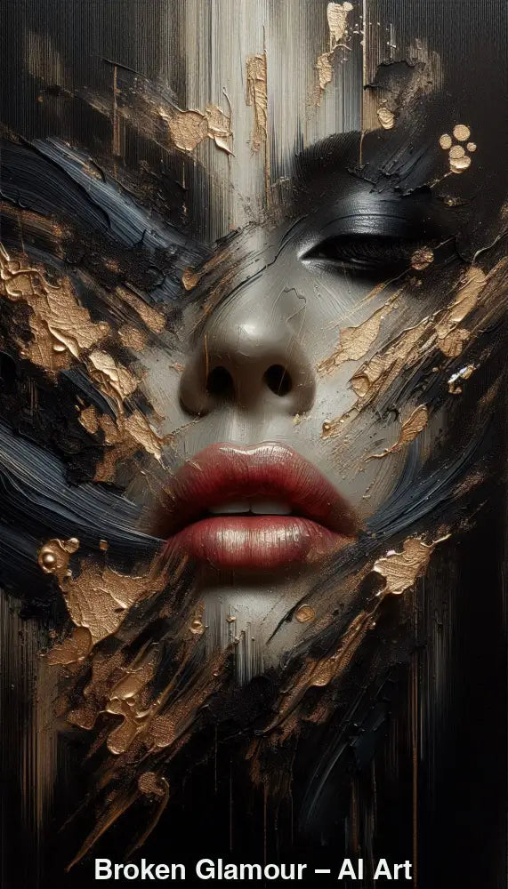 Broken Glamour – AI Art Porträt mit goldenen und schwarzen Farbschichten, abstrakter Textur und roten Lippen.