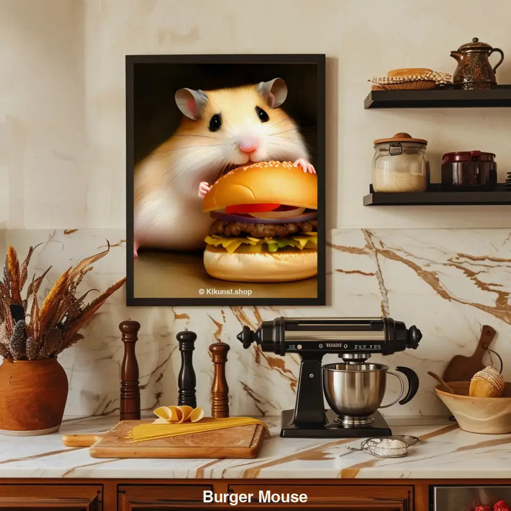 Süße Maus mit großen Augen umarmt einen übergroßen Cheeseburger mit Sesambrötchen und Gemüsefüllung.