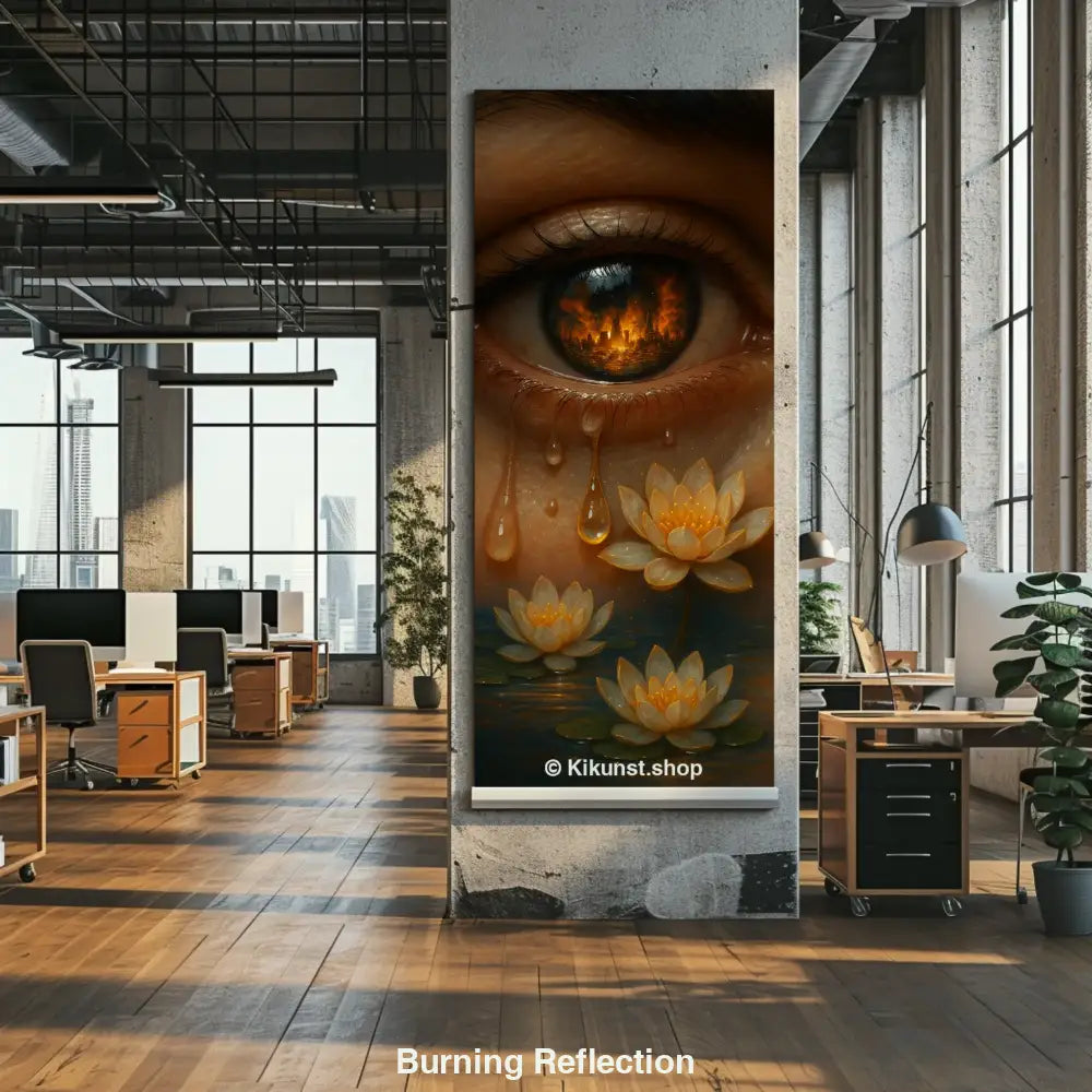 Ein Auge mit brennender Stadt im Spiegelbild weint goldene Tränen, die auf Seerosen in dunklem Wasser fallen.