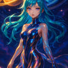 AI Anime Girl im futuristischen Galaxie-Look mit Planeten und leuchtendem Kleid im Weltraum