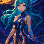 AI Anime Girl im futuristischen Galaxie-Look mit Planeten und leuchtendem Kleid im Weltraum