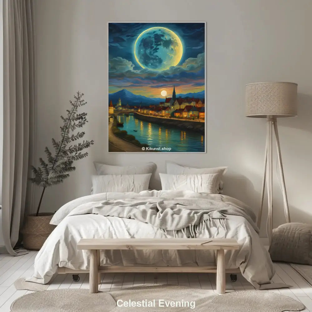 Malerische Stadt bei Nacht mit Fluss und beleuchteten Häusern, darüber ein riesiger, leuchtender Mond in einer dramatisch wolkigen Himmelskulisse.